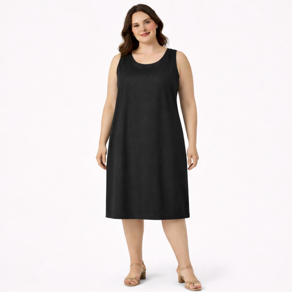 The Vermont Country Store Womens Linen Sleeveless Tank Dress Black 1X